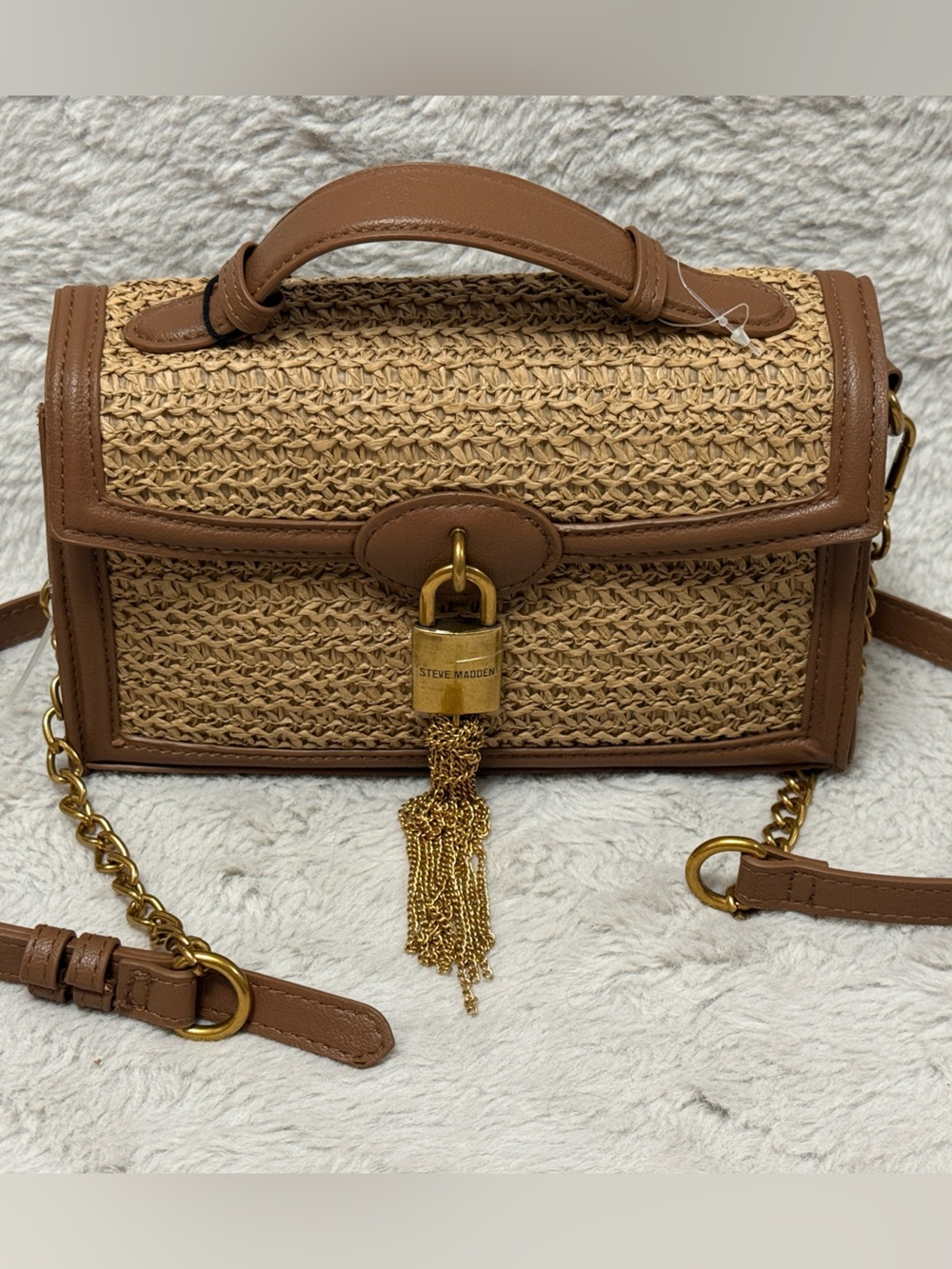 Steve Madden Tan Woven Straw Shoulder Bag with Gold Tassel